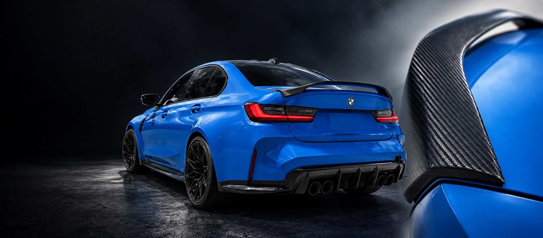 Two views of EuroImpulse carbon fiber: elevated wing on a blue BMW G80 M3 and a close-up of the carbon weave